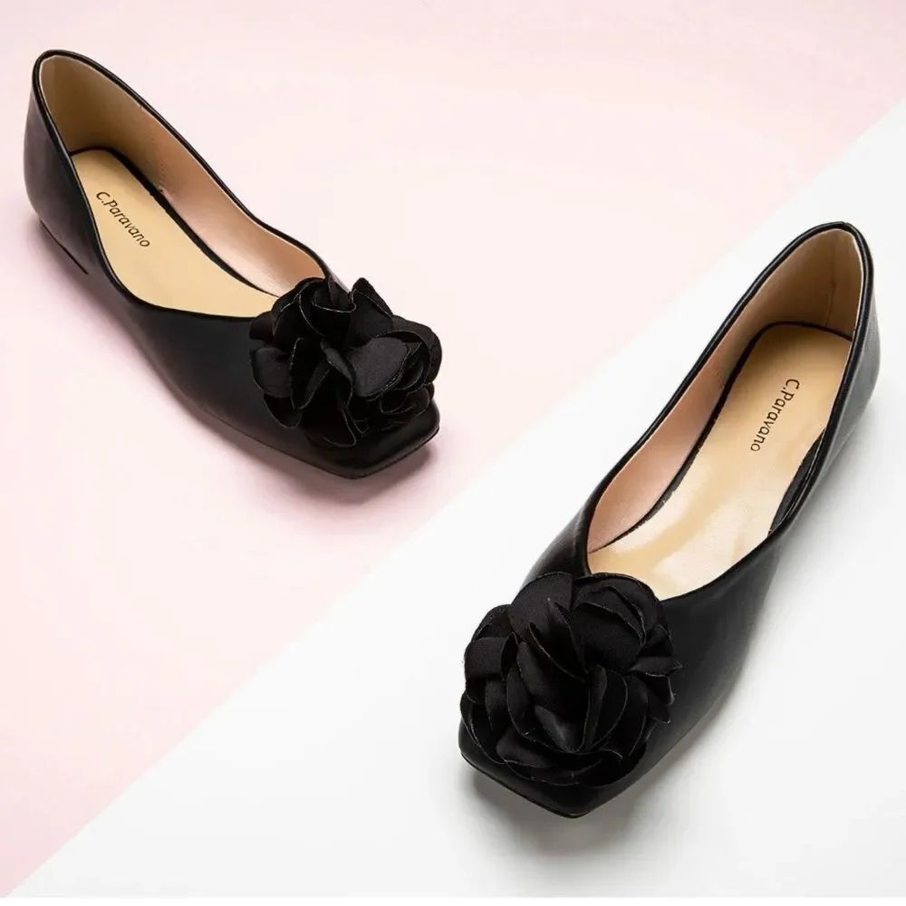 C. Paravano EVA Black Leather Floral Appliqué Squared Toe Classic Ballet Flats